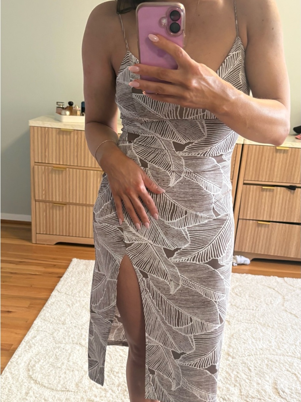 Windsor Taupe & White Strapless Leaf-Print Bodycon Dress - Picture 6 of 9